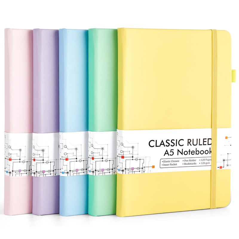 feela 5 Pack Notebooks Journals Bulk  Hardcover Classic Ruled Lined Journals with Pen Holder for Women Girls School Business Supplies  with 5 Black Pens  120 GSM  5.1 x8.3   A5  Pastel Colors - Image 1